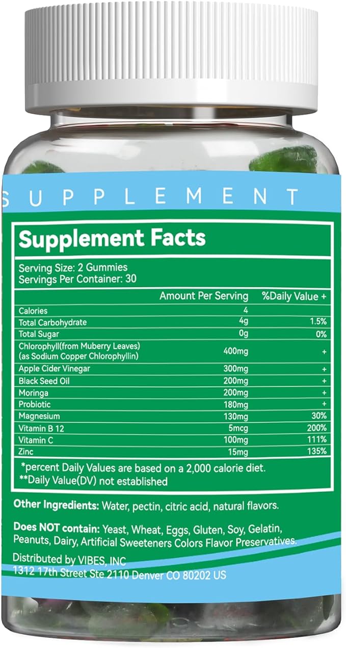 2 Pack Chlorophyll Gummies for Body Odor Deodorant*, Sugar Free Chewable Chlorophyll for Immune Support Women Vegan Non-GMO, 120 Count