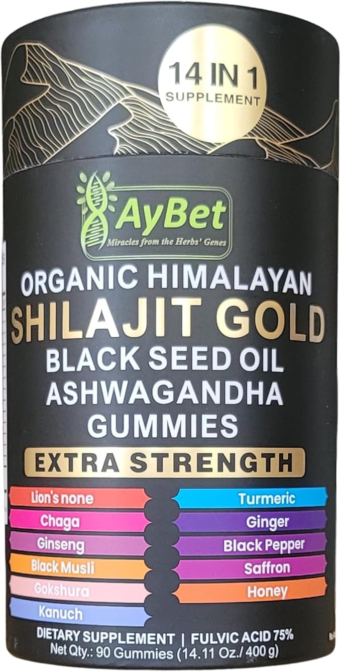 Organic Pure Himalayan Shilajit Gold Gummies for Men and Women, Black Seed Oil, Ashwagandha, Ginseng, Turmeric, Gokshura, Lion's None, Lab Tested,%75 Fulvic Acid, No Sugar Added, Halal, 90Gummy