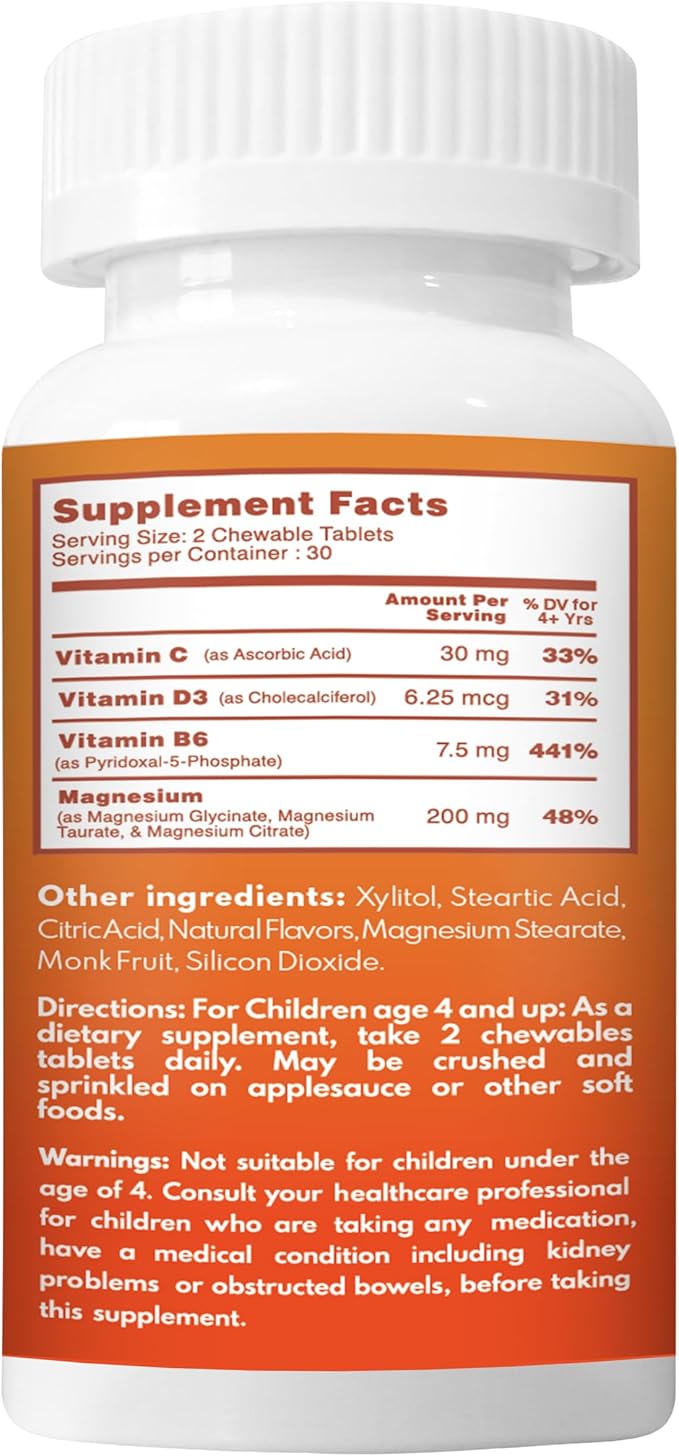 VAL Magnesium for Kids | High-Absorption Magnesium for Calm, Relaxation & Focus | Mg Glycinate, Citrate & Taurate | with Vitamin B6, D & C | Sugar-Free, Non-GMO | 60 Chewable Tablets