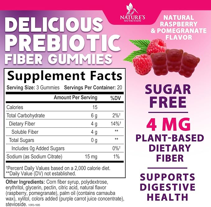 Fiber Supplement Gummies - Sugar-Free Daily Gummy for Adults Digestive Health & Regularity Support - 4g Prebiotic Plant Based Fiber Supplements Blend for Women & Men - Raspberry Flavor - 60 Gummies