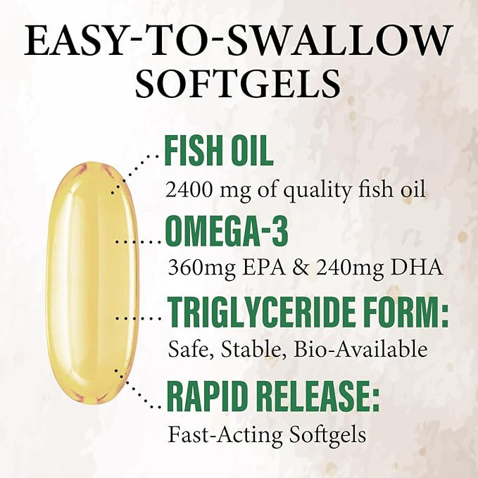 Triple Strength Omega 3 Fish Oil Supplement, EPA & DHA Fish Oil Omega 3 Essential Fatty Acids Supplement Softgels, 2400mg Brain & Heart Health Support Supplements - Gluten Free, Non-GMO, 120 Softgels