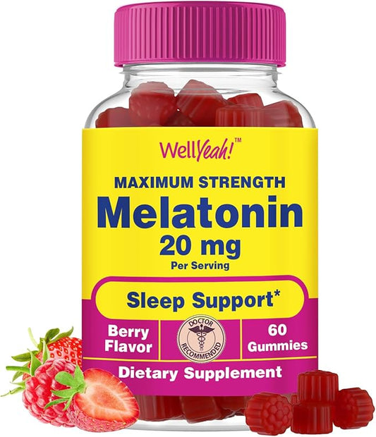 Melatonin Gummies 20mg | Sleep Support | Maximum Strength Melatonin 20mg Gummies for Adults | Fast Dissolved | Great Berry Flavor | 60 Count | Vegan, Non GMO