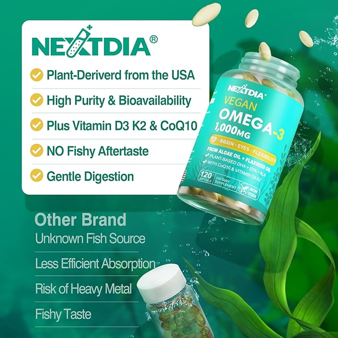 Vegan Omega 3 DHA EPA ALA Supplement with 5000IU Vitamin D3 K2 (MK7), CoQ10 for Women Men, Fish Oil Alternative, Plant Based Algae Oil Omega 3 for Bone, Brain, Eye, Skin & Immune Support, 120 Softgels