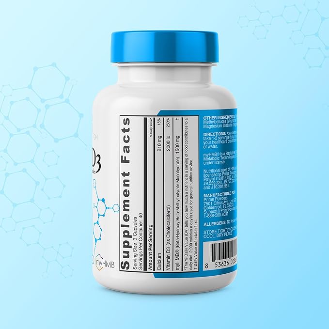 HMB and Vitamin D3 Supplement, 1,500mg Patented Formula with Clinical Dose, Preserve Lean Muscle with Ageless Performance, Beta-Hydroxy Beta-Methylbutyrate Capsules, 120 Count