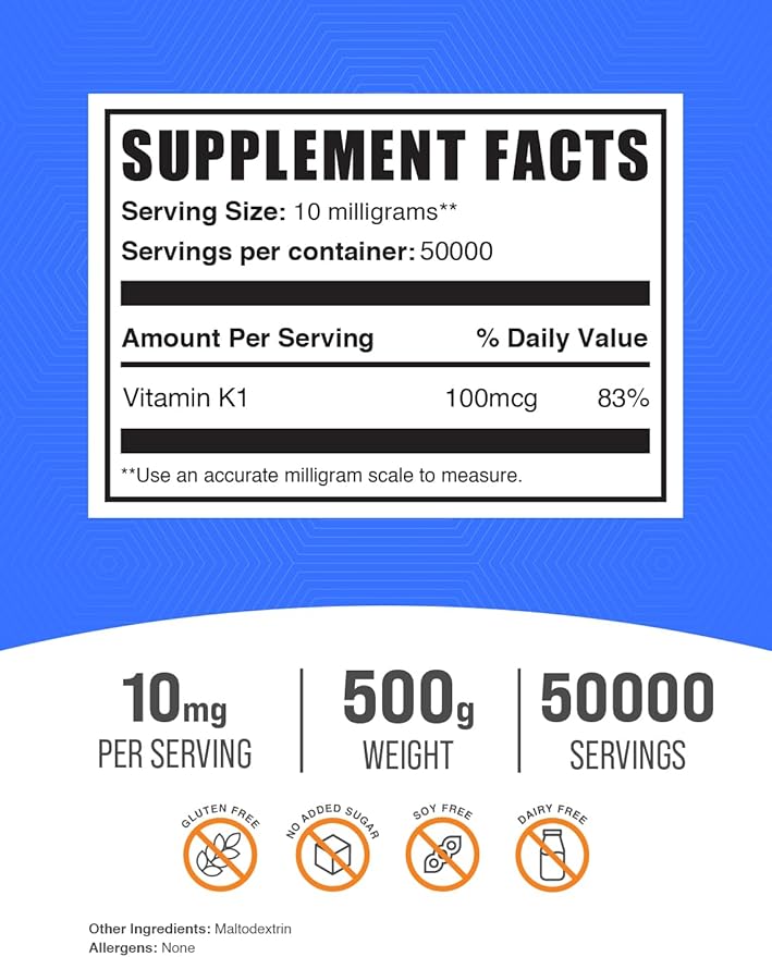 BulkSupplements.com Vitamin K1 Powder - 1%, Vitamin K Supplement, Vitamin K-1 100mcg - Gluten Free, 10mg per Serving, 500g (1.1 lbs) (Pack of 1)