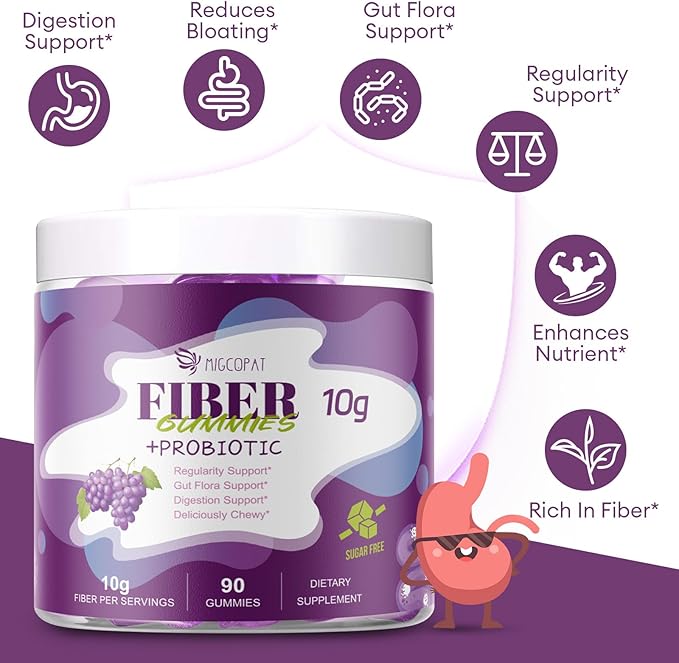 10G Fiber Gummies with 30 Billion CFU Probiotics, Grape Flavor, Bloating Support, Fiber Supplement with Vitamin C, ACV, Inulin, Sugar Free, 180 Count