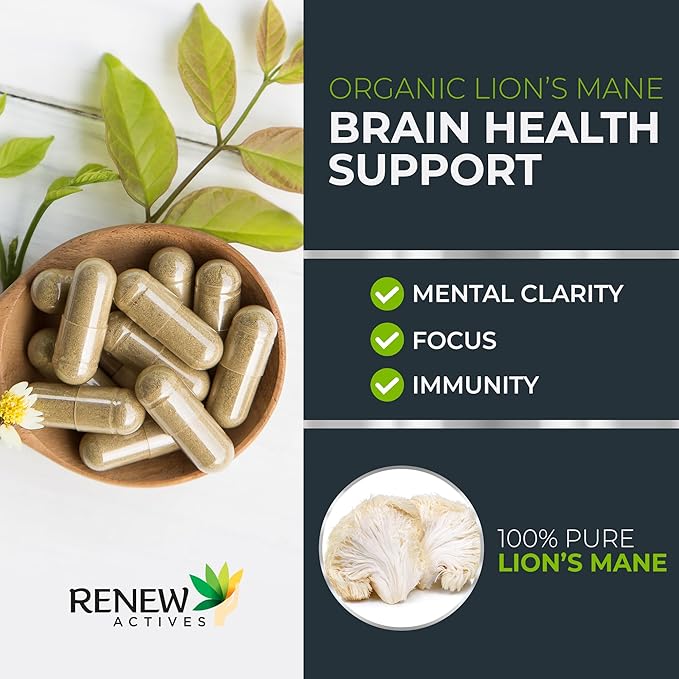 Renew Actives Premium Organic Lion's Mane Mushroom 1100MG per 2 Capsules - Supports Brain Function, Memory, Focus, Stress Relief & Immune Health, Non-GMO, Vegan - Made in Canada - 120 Capsules