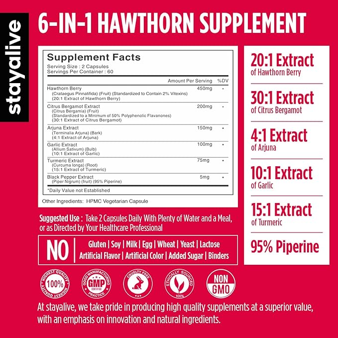 STAY ALIVE Extra Strength Hawthorn Berry Capsules, 20:1 Extract, 6-in-1 Antioxidant w/Citrus Bergamot, Turmeric Root Powder, Garlic, Arjuna & Black Pepper, 120 Vegan Pills, Hawthorne Berry Supplement