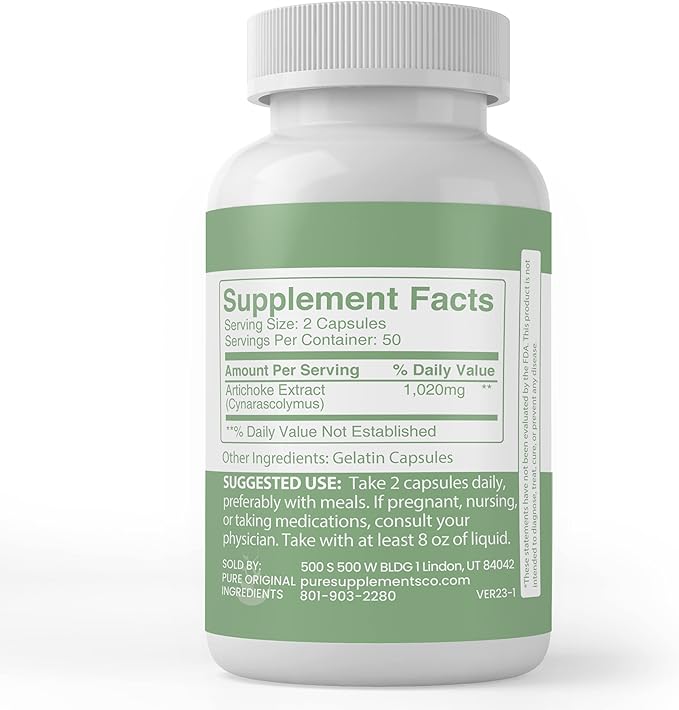 PURE ORIGINAL INGREDIENTS Artichoke Extract (100 Capsules) Always Pure, No Additives Or Fillers, Lab Verified