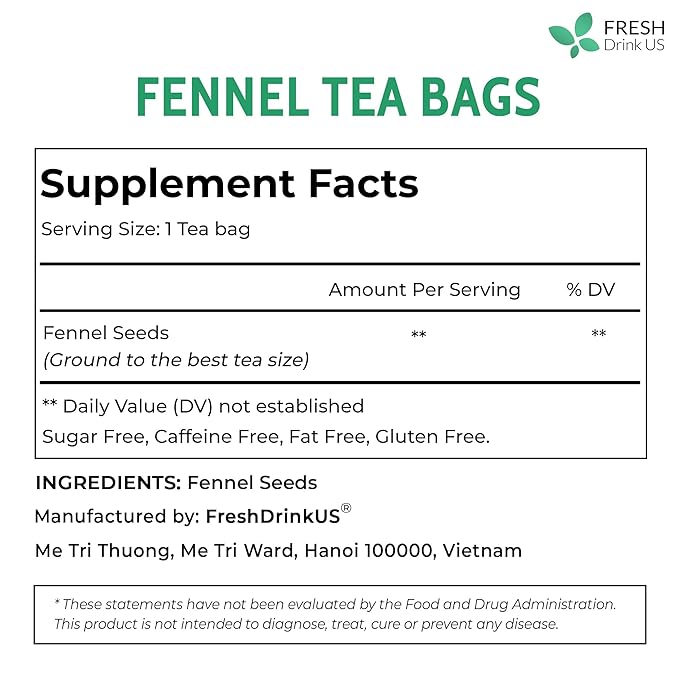 FreshDrinkUS, Premium 55 Fennel Tea Bags, 100% Natural & Pure from Fennel Seeds. Fennel Seed Herbal Tea. Fennel Seed Tea. Made with Natural Material Tea Bags. No Sugar, No Caffeine, No Gluten, Vegan.