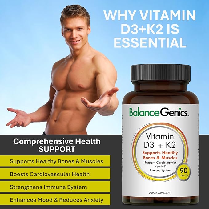 Vitamin D3 + K2 for Healthy Bones & Muscles - Dietary Supplement Supports Immune System, Muscle Function & Overall Wellness - Calcium Supplement with Organic Formula - 50mcg D3&75mcg K2