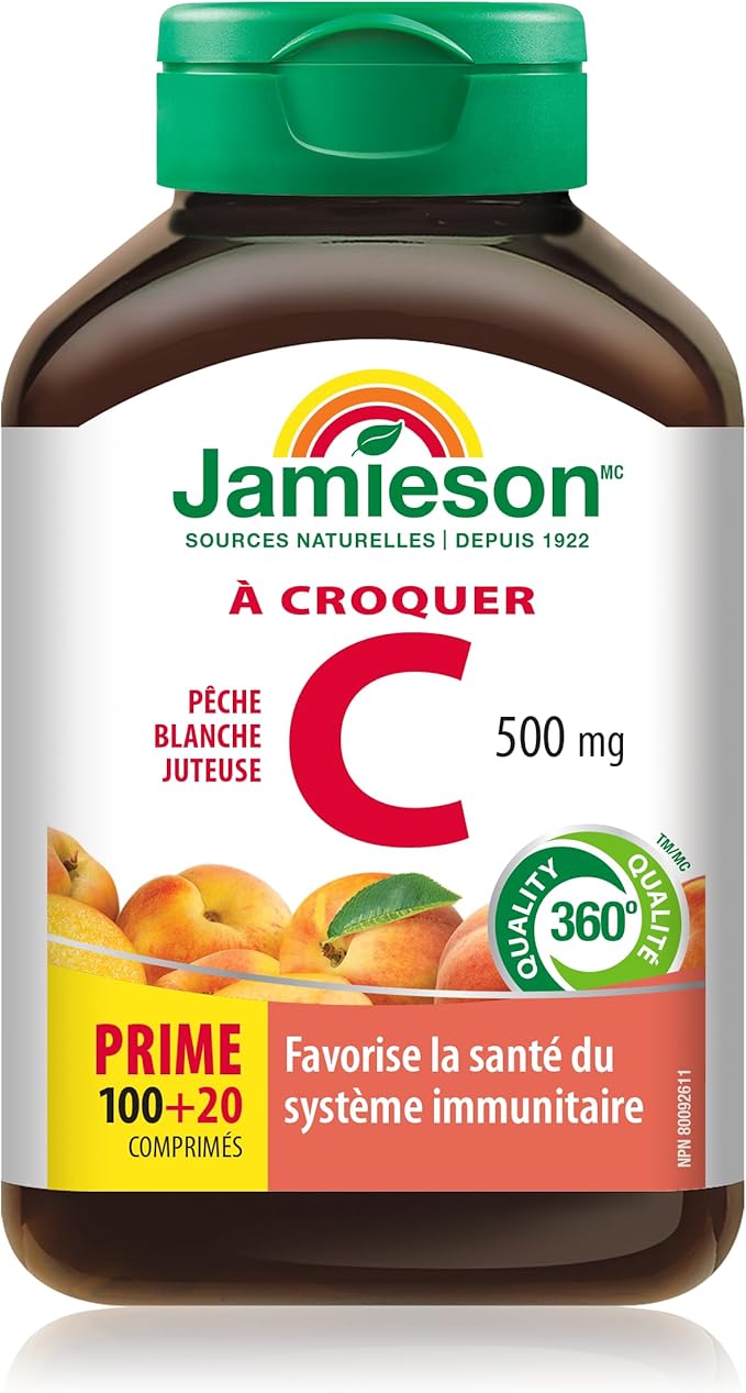 Jamieson Vitamin C Chewables 500 mg - Juicy White Peach Flavour, 120 Tablets