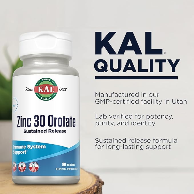 KAL Zinc Orotate 30mg, Sustained Release, Chelated Zinc Tablets, Immune Support Supplement, Protein Synthesis, Metabolism, Energy Support, Vegan, Gluten Free, 60-Day Guarantee, 90 Servings, 90 Tablets