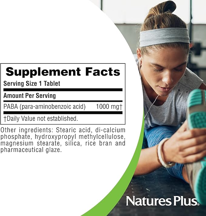Natures Plus PABA, Sustained Release (para-Aminobenzoic Acid) - 1000 mg, 60 Vegetarian Tablets - Skin Health Support Supplement, Promotes Energy Production - Gluten-Free - 60 Servings
