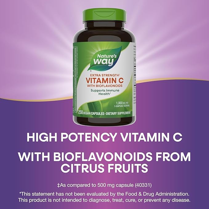 Nature's Way Extra Strength Vitamin C with Bioflavonoids, Supports Immune Health*, Promotes Collagen Production for Healthy Skin*, 1g Vitamin C per Capsule, 250 Capsules (Packaging May Vary) - 2 Pack