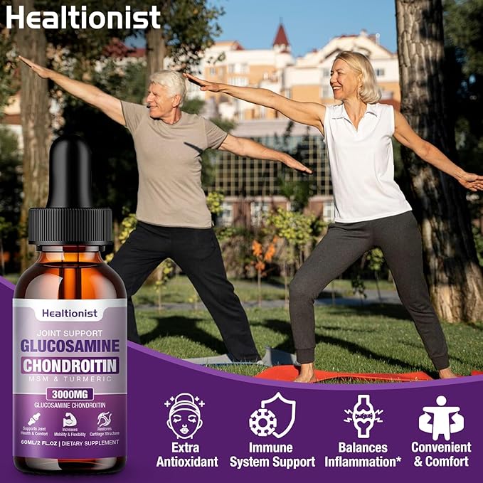 2 Pack Glucosamine Chondroitin MSM Liquid Drops, Extra Strength Joint Support Supplement for Adults Men & Women, Quercetin Boswelia, Bromelain, Antioxidant Immune Support (4 Fl oz)