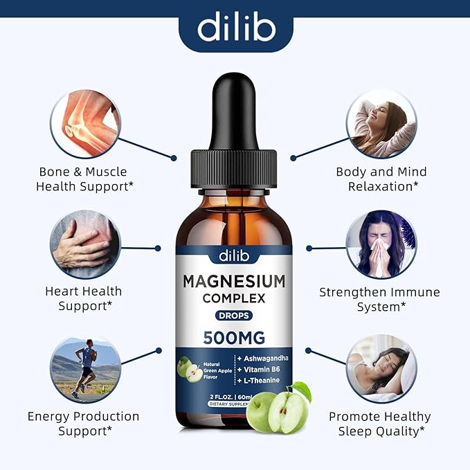 Triple Magnesium Complex Supplement-Magnesium Glycinate, Citrate, Malate Liquid Drops 500mg with Ashwagandha, L-Theanine, B6 for Calm, Stress Relief, Sleep, Muscle Support-Green Apple Flavor