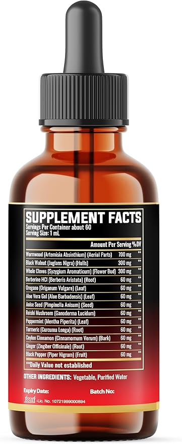13in1 Wormwood Liquid Drops - 1900mg Black Walnut Wormwood Liquid Extract with Whole Cloves & More - 60 Day Supply - 2 Fl Oz