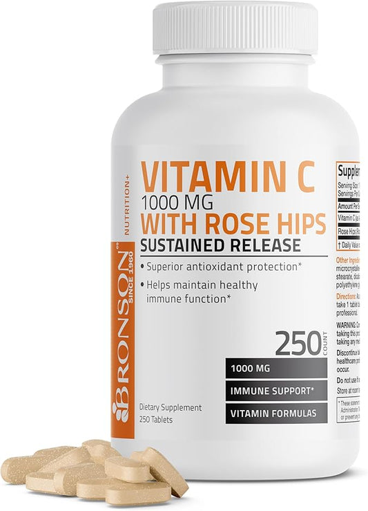 Bronson Vitamin C 1000 mg with Rose HIPS Sustained Release, 250 Tablets