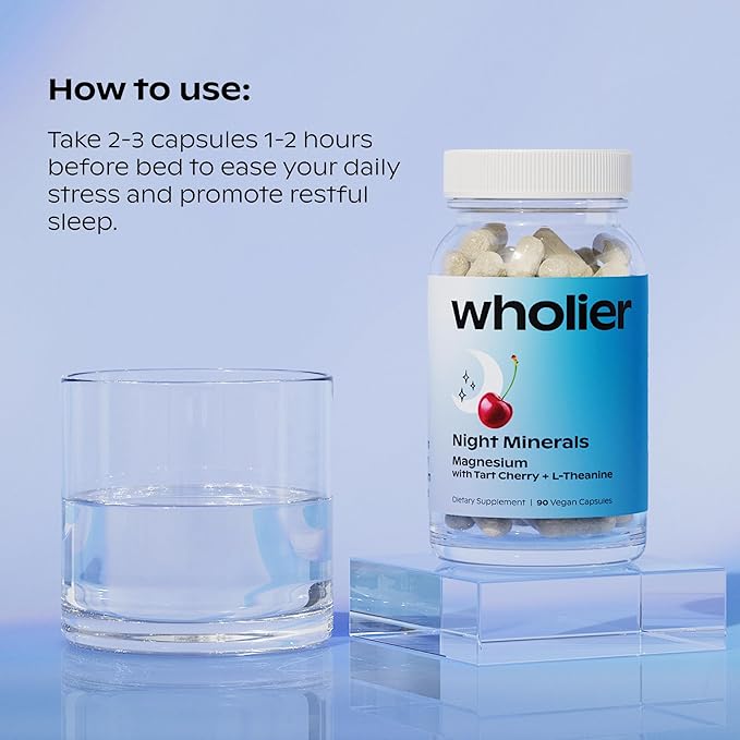 wholier Magnesium Glycinate, L-Theanine, Tart Cherry Juice. Natural Support for Sleep, Stress + Relaxation. Melatonin-Free. Night Minerals. (90 Vegan Capsules) Glass Bottle