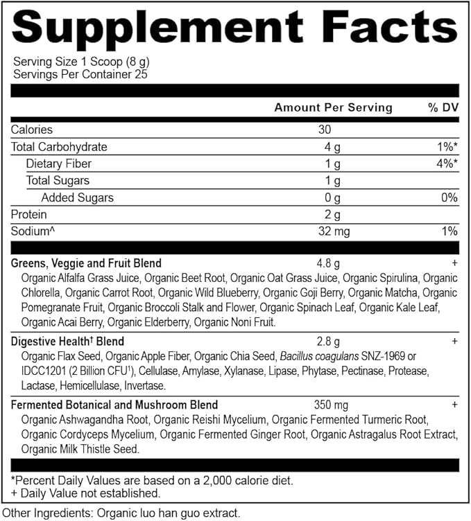Ancient Nutrition Super Greens Powder, Organic Superfood Powder with Probiotics Made with Spirulina, Chlorella, Matcha, and Digestive Enzymes, 25 Servings, 7.5oz