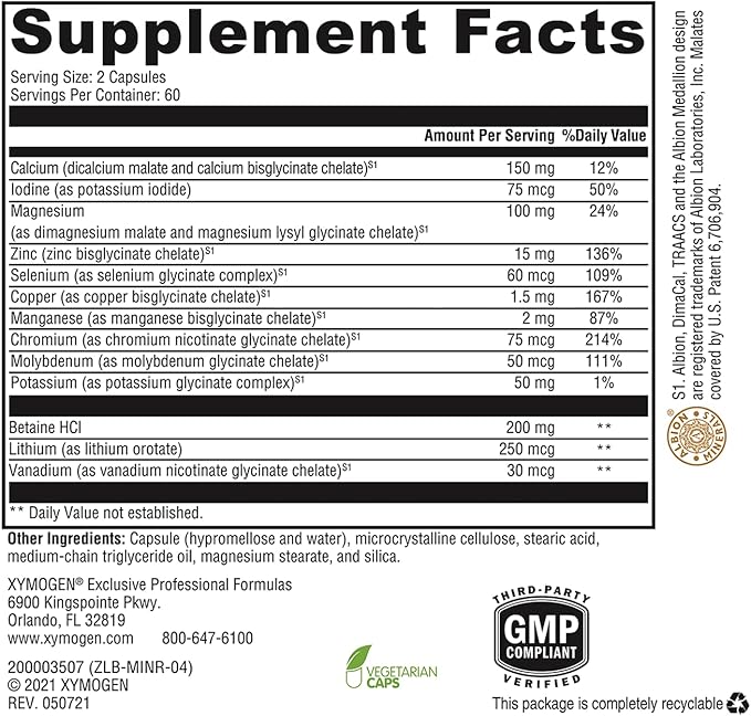 XYMOGEN Calcium, Magnesium Zinc MinRex Multi-Mineral Supplements - with Iodine, Selenium and Potasium to Support Mineral Repletion + Sports Nutrition (120 Soy, Gluten and Dairy-Free Capsules)