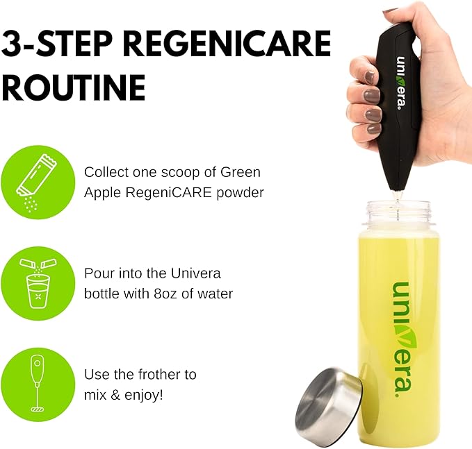 Univera RegeniCARE Gift Set with Bottle and Frother – Joint Support with Glucosamine, Univestin, MSM, Chondroitin – 30 Servings, Green Apple