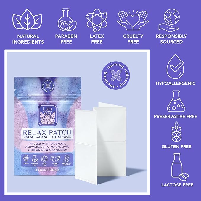 Laki Naturals Relax Patch (Pack of 8) | Natural Plant-Based Ingredients for Stress and Worry | Calming Formula for Better Sleep