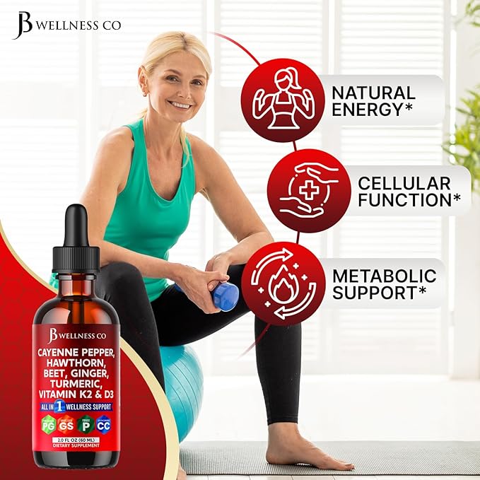 Cayenne Pepper Supplement Liquid Drops + Hawthorn Berry, Vitamin D3 K2 Beet Root Powder, Ceylon Cinnamon, Turmeric Curcumin, Organic Panax Ginseng - 2oz