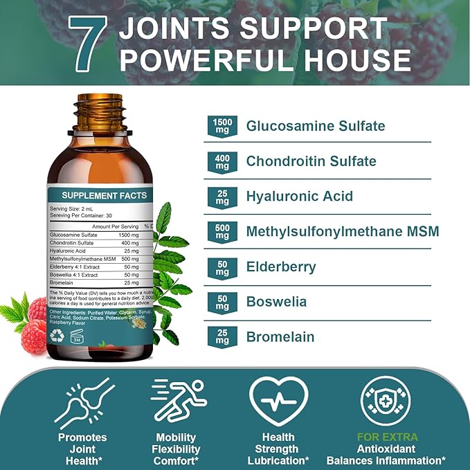 Glucosamine Chondroitin MSM Liquid Drops-w/Elderberry, Boswelia &Hyaluronic Acid-Extra Strength Joint Support Supplement for Mobility, Flexibility & Bones,High Absorption,60ml (2 fl oz)