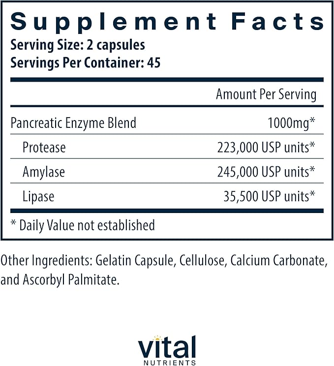 Vital Nutrients Pancreatic Enzymes 1000mg (Full Strength) | Pancreatin Digestion Supplement with Protease, Amylase & Lipase | Digestive Enzymes | Gluten, Dairy, and Soy Free | 90 Capsules