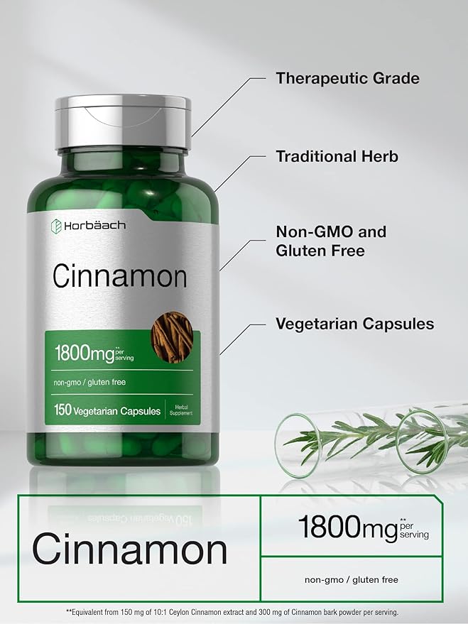 Horbaach Cinnamon Capsules 1800mg | 150 Count | Ceylon Cinnamon Supplement | Vegetarian, Non-GMO, Gluten Free