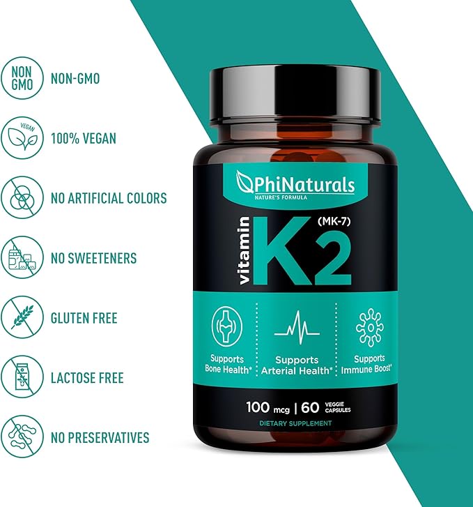 PhiNaturals Vitamin K2 Mk7 100 mcg Vegan 60 Capsules Bone Health Heart Cardiovascular Arteries - VIT k-2 MK-7 100mcg Supplement from Natto