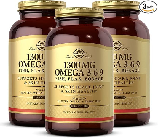 Solgar 1300 mg Omega 3-6-9 - 120 Softgels, Pack of 3 - Support for Joint & Skin Health - Non-GMO, Gluten Free - 120 Total Servings