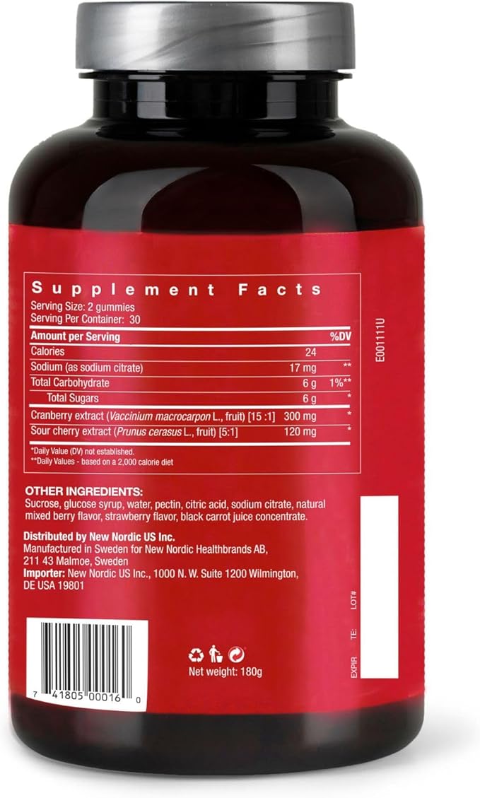 NEW NORDIC Cranberry Supplement Gummies for Women, Normal Urinary Tract & Bladder Support, Balance with Cran Berry & Sour Cherry, 60 Count