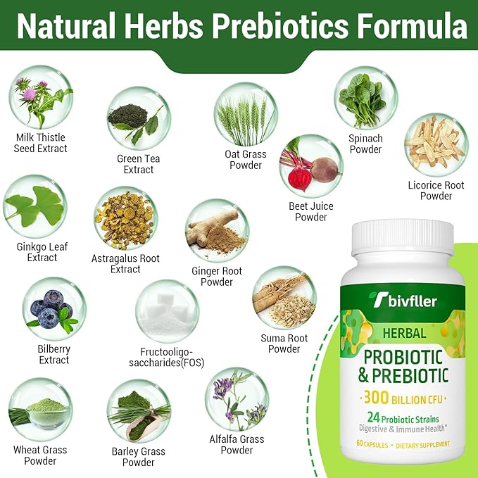 Probiotics for Women Men- 300 Billion CFU, 24 Strains Probiotic+15 Organic Herbs Prebiotics Blend, Pre and Probiotics, for Digestive Health, Immune & Gut, Diarrhea, Bloating, Vegan, 2 Month Supply