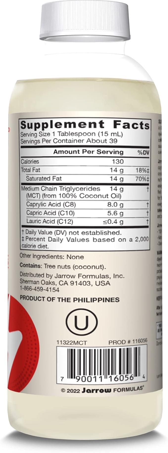 Jarrow Formulas MCT Oil, Dietary Supplement, Ketogenic Diet Support for Quick Energy, 20 fl oz Liquid Oil, 39 Day Supply