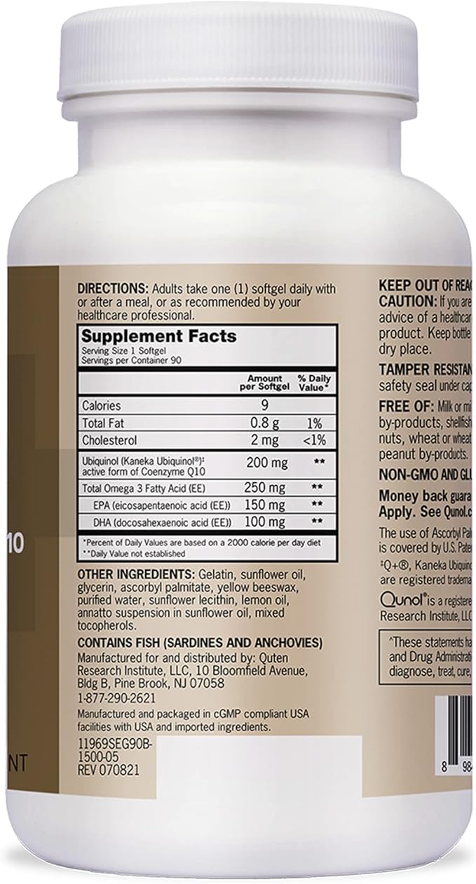 Qunol Plus Ubiquinol + Omega 3, Ubiquinol CoQ10 200mg with 250mg Omega-3 Fish Oil, Extra Strength, Antioxidant for Heart Health, Natural Supplement for Energy Production, (Bovine Version), 90 Count