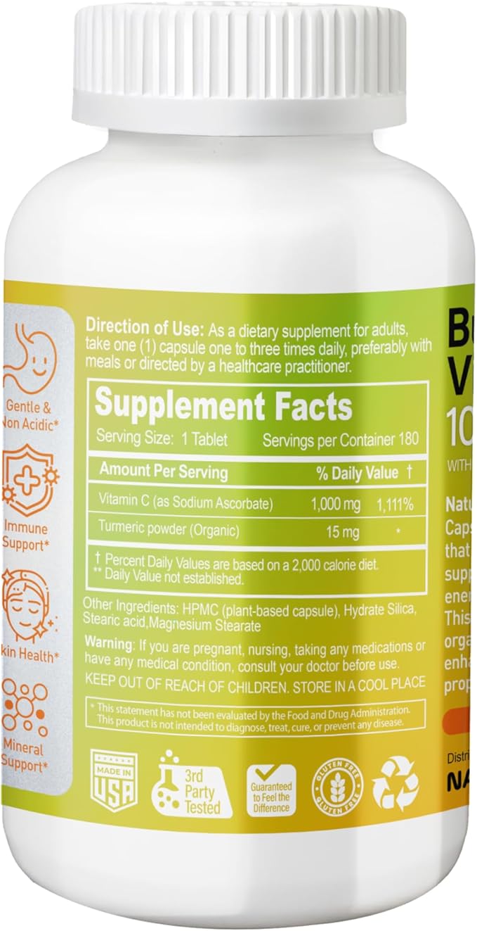 Buffered Vitamin C 1000 mg with Organic Turmeric - Antioxidant & Immune Support - Healthy Skin & Joints - Gluten & Dairy Free - 180 Vegan Capsules, 180 Day Supply