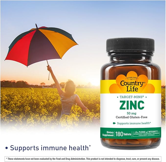 Country Life Target-Mins Zinc 50 mg 180 Tablets - Zinc Supplements for Immune Health - Zinc 50mg - Zinc Support