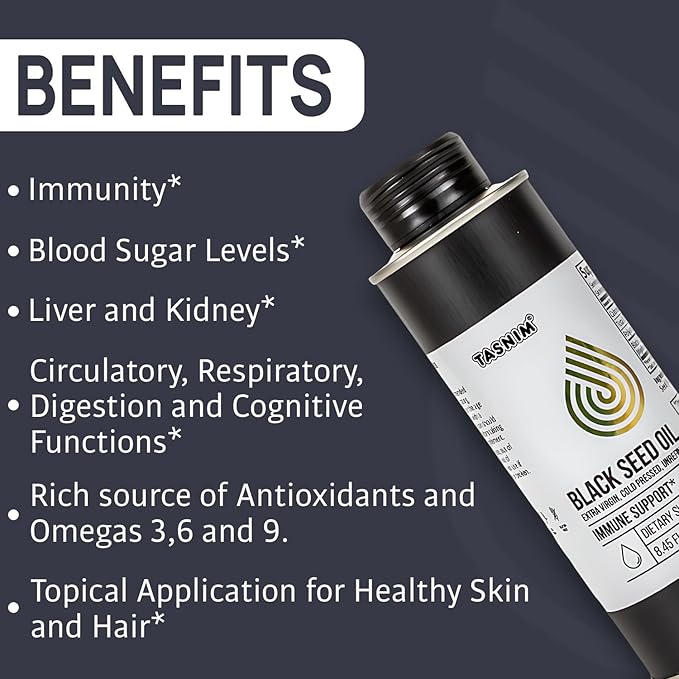 100% Ethiopian BlackSeed Oil 8.45 Oz - Cold Pressed Black Seed Oil for Immune Support, High Potency 5.7% - 21% Thymoquinone Skin, Hair & Overll Health - Unrefined Black Cumin Seed Oil - Gluten Free