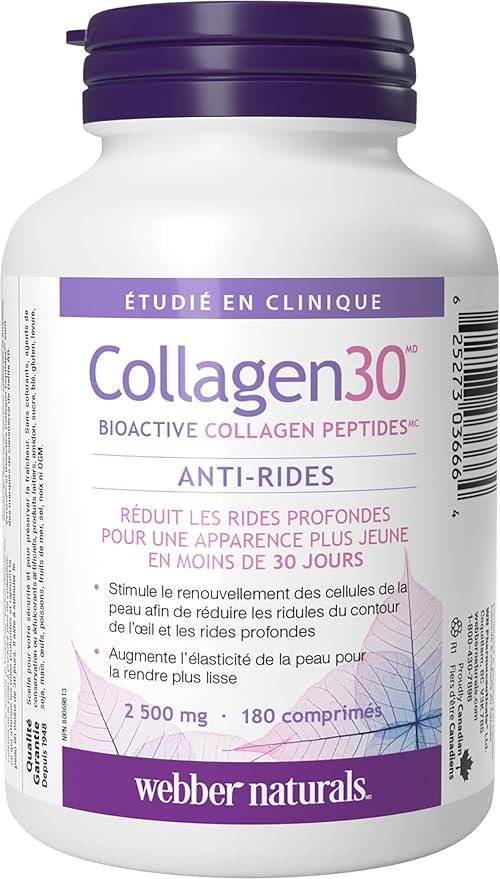 Webber Naturals Collagen30 Anti-Wrinkle, 2,500mg of Bioactive Collagen Peptides Per Serving, 180 Tablets, Helps Reduce Deep Wrinkles, Fine Lines & Stimulates Skin Cells, Non GMO, Dairy & Gluten Free