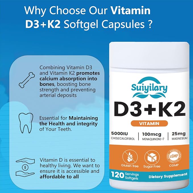 Vitamin D3 K2 Supplement with Vitamin D3 5000 IU, 100 mcg Vitamin K2, Plant Based 2-1 Formula for Bone, Teeth, Muscle and Immune Health Support,120 Softgel Capsules