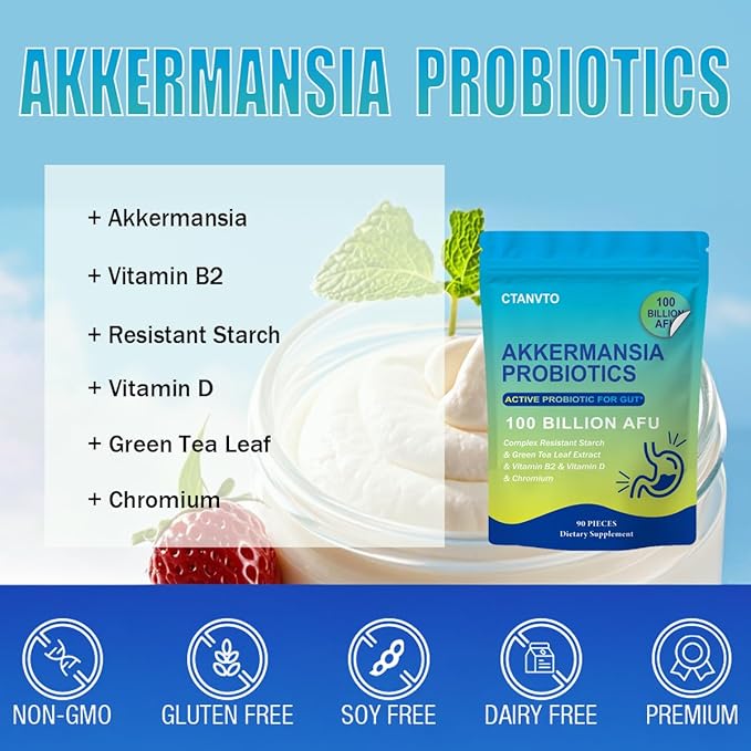 Akkermansia Probiotic with Prebiotic Fiber 100 Billion Live Strain Increase GLP-1 Production, Green Tea Extract, Vitamin B2, Vitamin D, Chromium for Gut Health for Men & Women (90 Capsules, 1-Pack)
