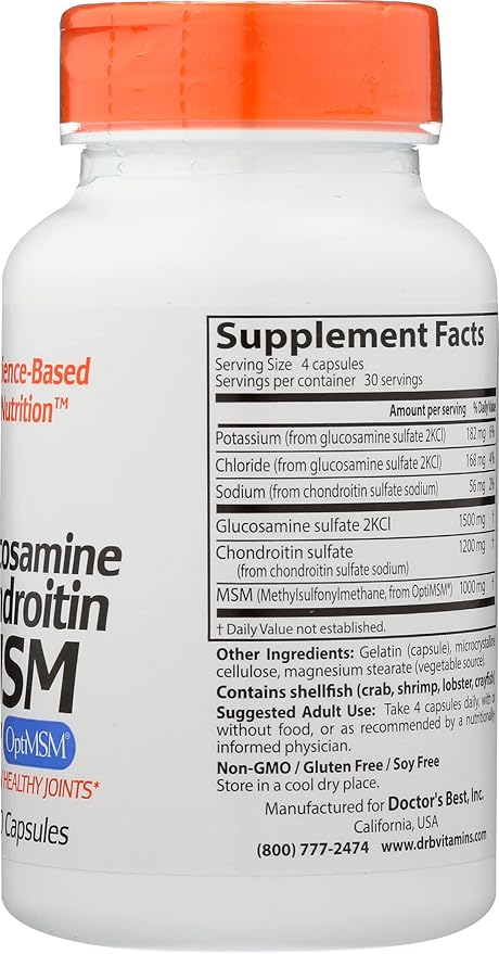 Doctors Best Glucosamine Chondroitin MSM with OptiMSM, Non-GMO, Vegan, 120 Capsule (Pack of 1)