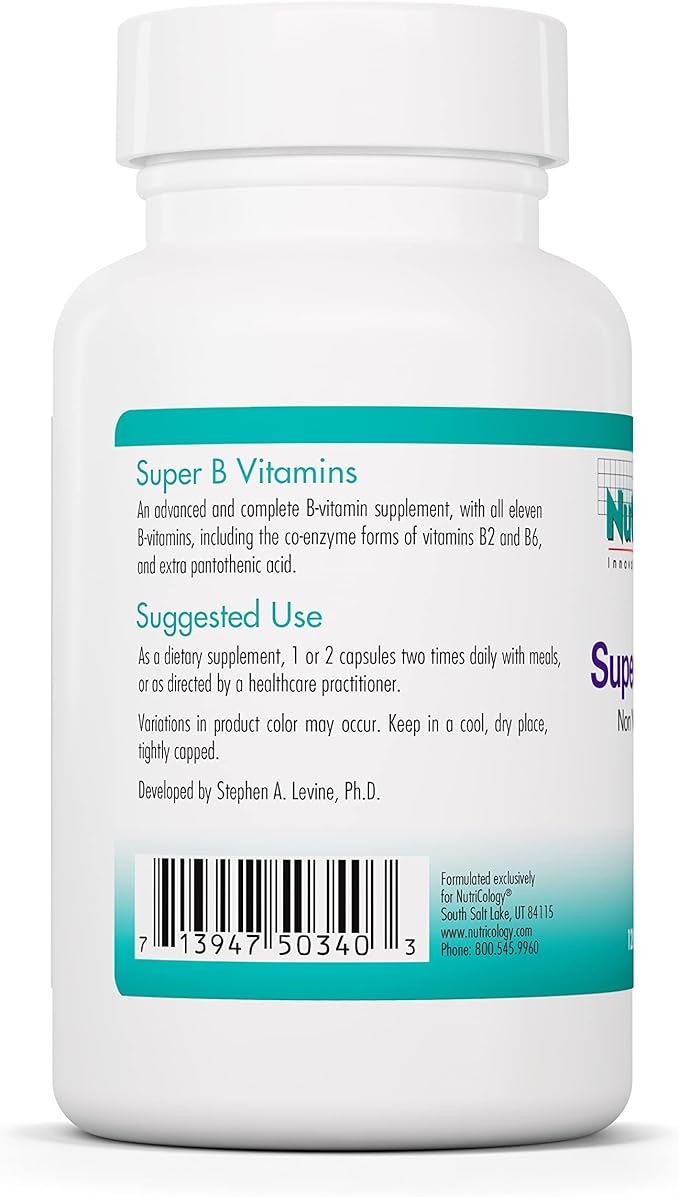 Nutricology Super Vitamin B Complex - Vitamin B for Men & Women, Vitamin B Supplement, Vitamin B12, Vitamin B6, Vegetarian Capsules, Corn-Free, Yeast-Free - 120 Count