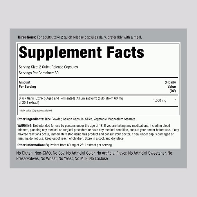 Piping Rock Black Garlic Capsules 1500mg | 60 Count | Aged and Fermented | Non-GMO, Gluten Free