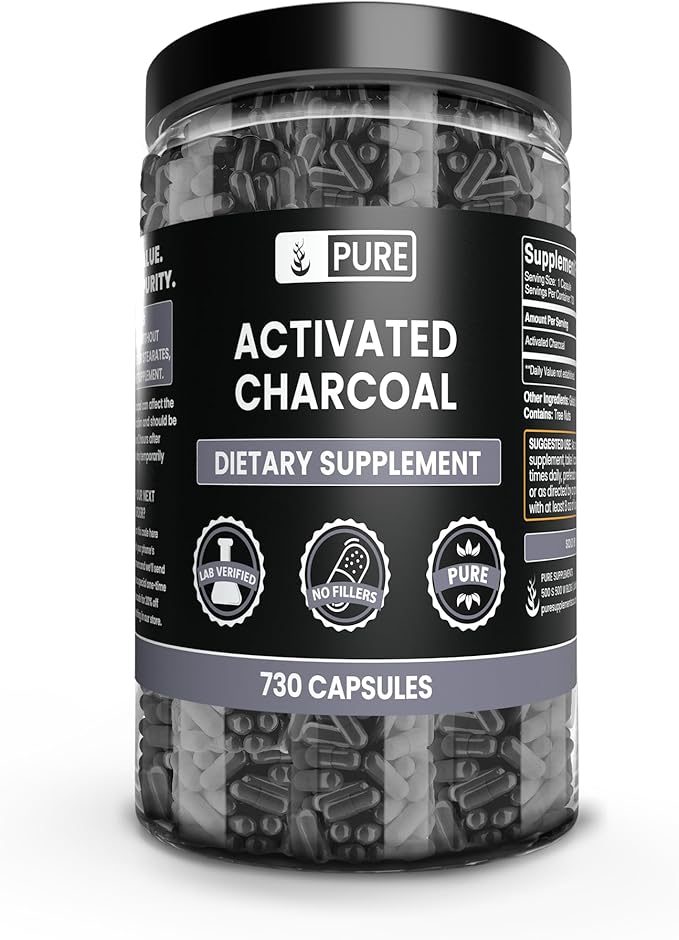 PURE ORIGINAL INGREDIENTS Activated Charcoal (730 Capsules) No Magnesium or Rice Fillers, Always Pure, Lab Verified