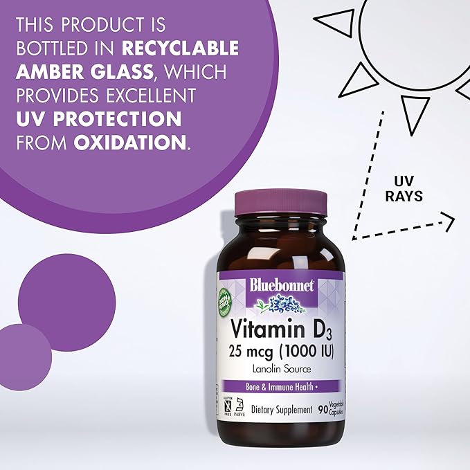BlueBonnet Nutrition Vitamin D3 1000 IU, Aid in Muscle and Skeletal Growth, Cholecalciferol from Lanolin, Non GMO, Gluten Free, Soy Free, Milk Free, Kosher, 90 Vegetable Capsule, White