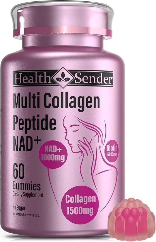 Hydrolyzed Collagen Peptide Filled Gummies, Add 1500mg Protein Type I,II,III,V,X,1000mg NAD 15000mcg Biotin Supplement for Sugar-Free Man&Woman,AI-Optimized HCL for Skin,Hair,Nails,Energy